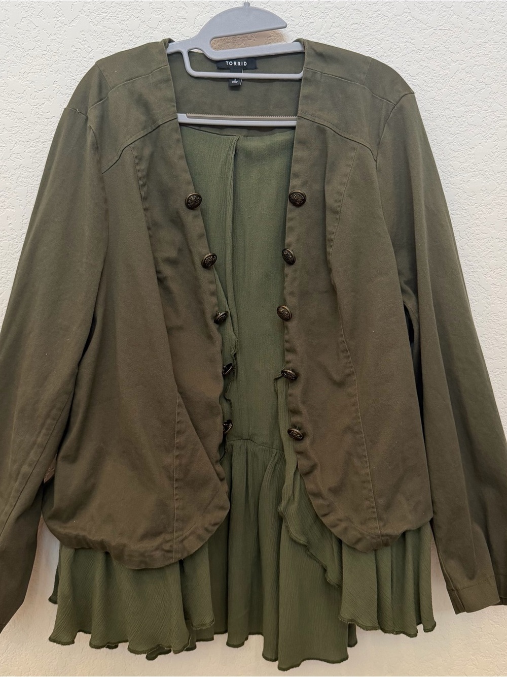 TORRID Olive Green Layered Blazer with Decorative Buttons - Size 3